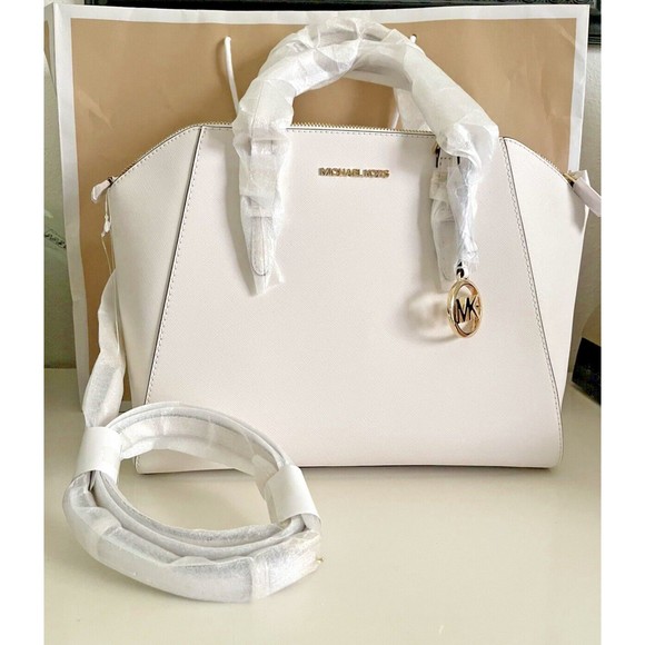 Michael Kors Ciara Large Optic White Leather Top Zip Satchel Handbag Crossbody - Picture 1 of 3